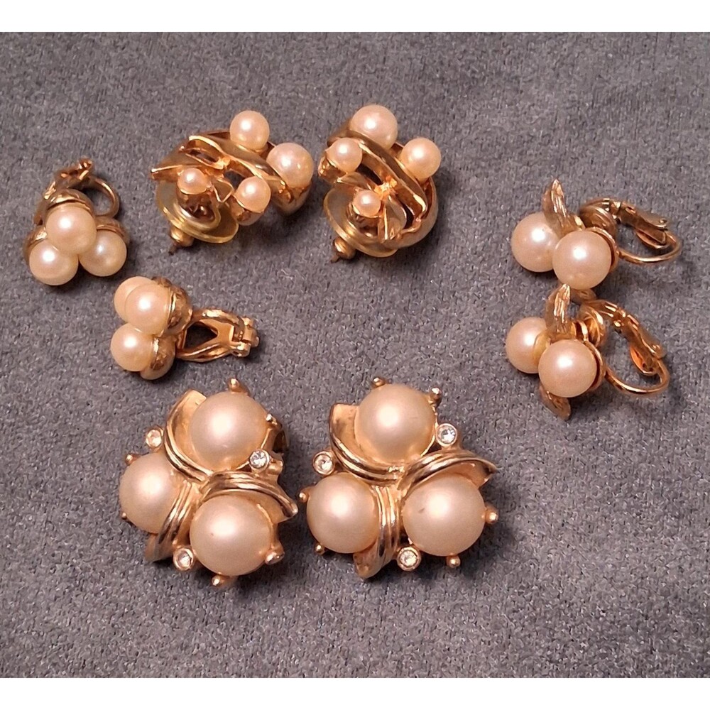 Vintage Gold Tone Pearl Earrings Trifari & 3 More Bundle